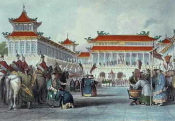 Kejsaren Teaon-Kwang granskar sina vakter, Palace of Peking, från "China in a Series of Views" av George Newenham Wright (ca 1790-1877) 1843